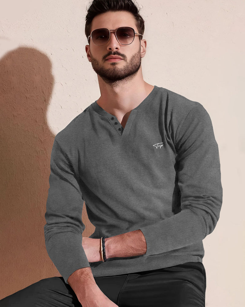 Men Solid V Neck Cotton Blend Dark Grey T-Shirt