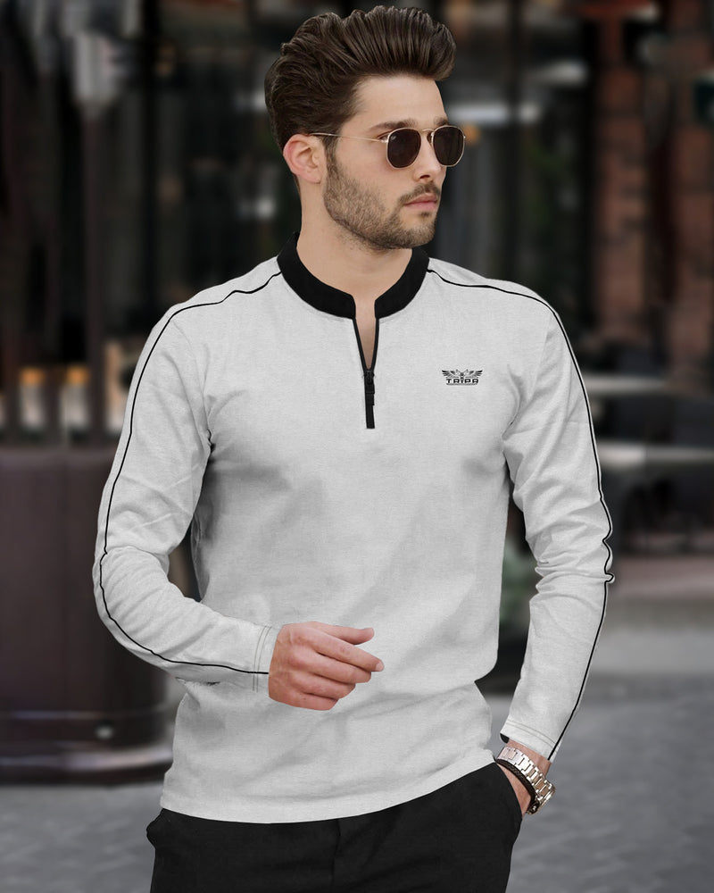 Men Full Sleeve Black-Grey Mandarin Collar Neck T-shirt