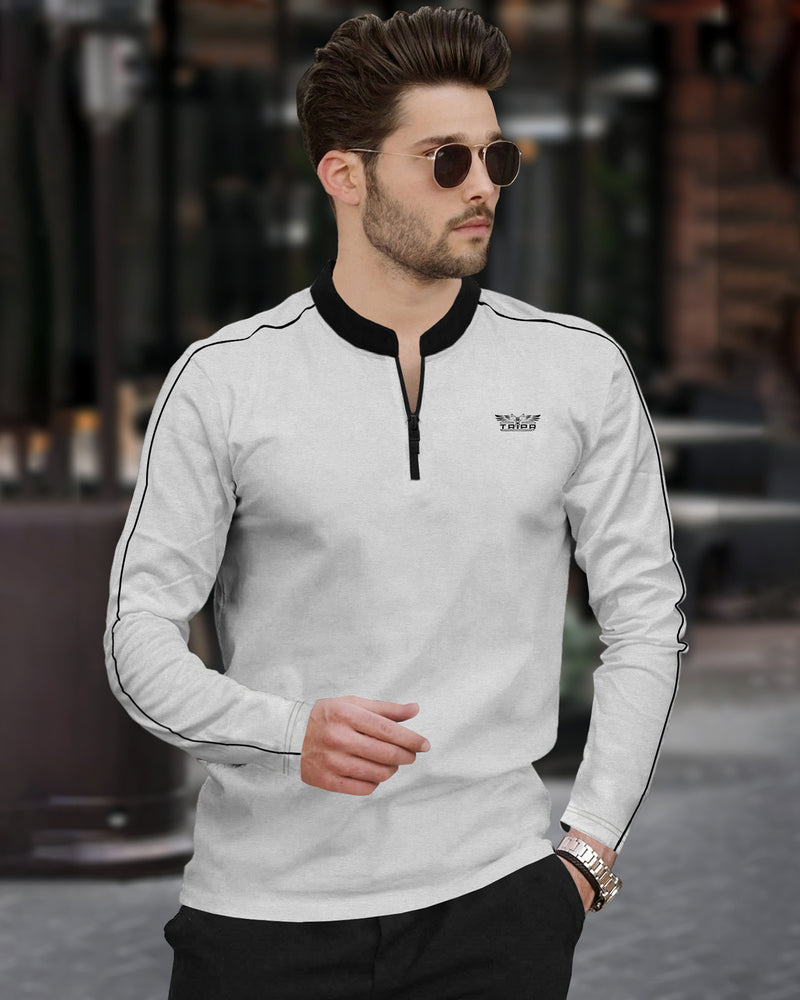 Men Full Sleeve Black-Grey Mandarin Collar Neck T-shirt