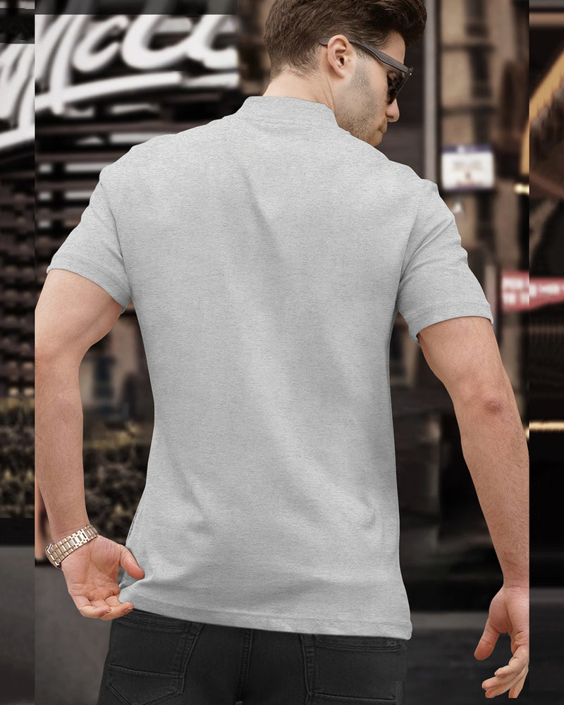 Men High Neck Plain Half Sleeve T-shirt / Grey