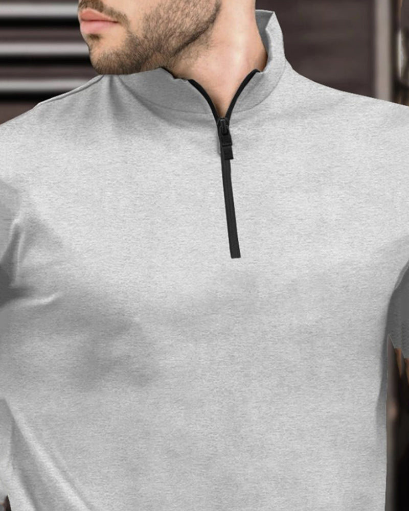 Men High Neck Plain Half Sleeve T-shirt / Grey