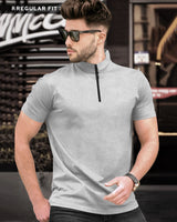 Men High Neck Plain Half Sleeve T-shirt / Grey