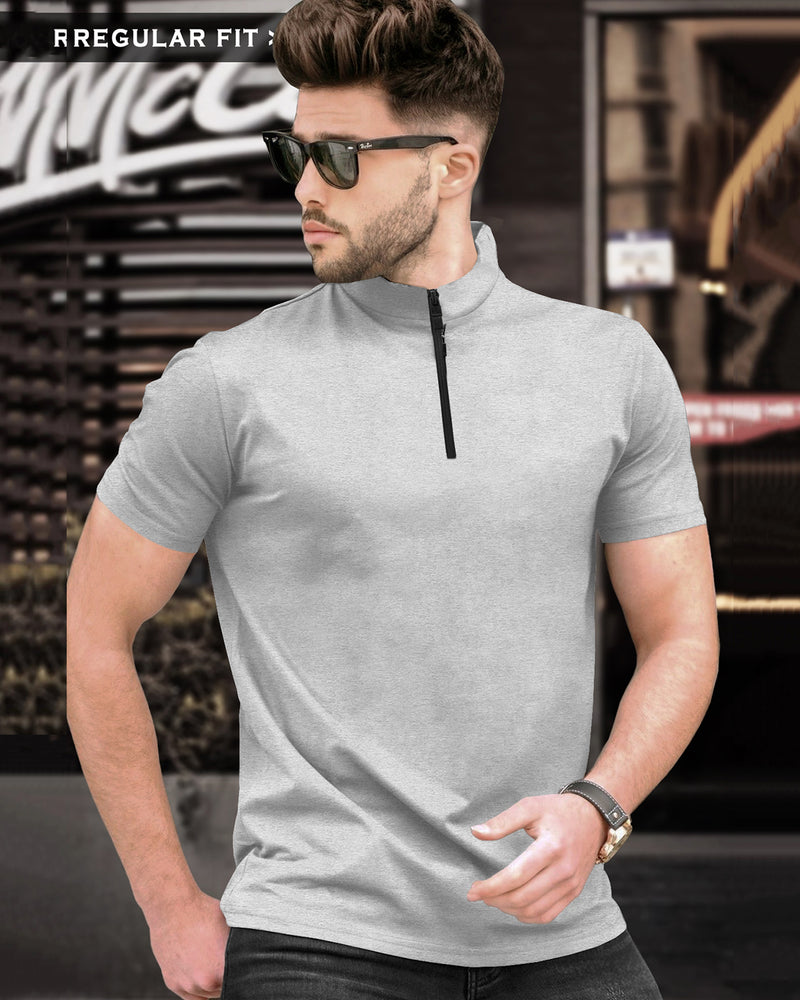 Men High Neck Plain Half Sleeve T-shirt / Grey
