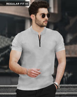 Half Sleeve Henley Neck Zip Type Plain T-shirt / Grey