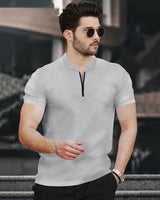 Half Sleeve Henley Neck Zip Type Plain T-shirt / Grey