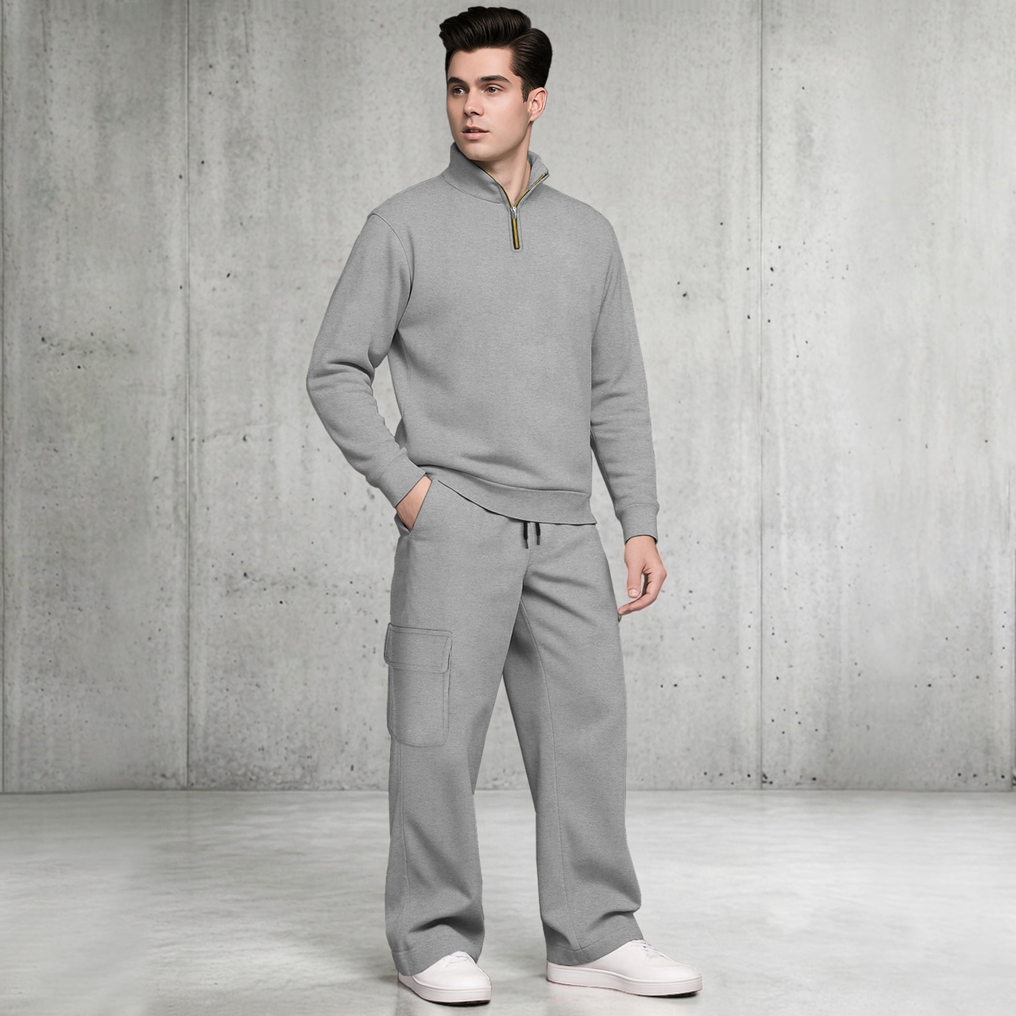 Mens Quarter-Zip High Neck Sweatshirt and Wide Leg Cargo Pant Tracksuit