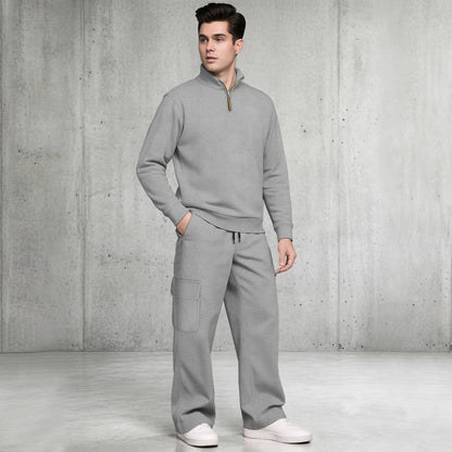Mens Quarter-Zip High Neck Sweatshirt and Wide Leg Cargo Pant Tracksuit