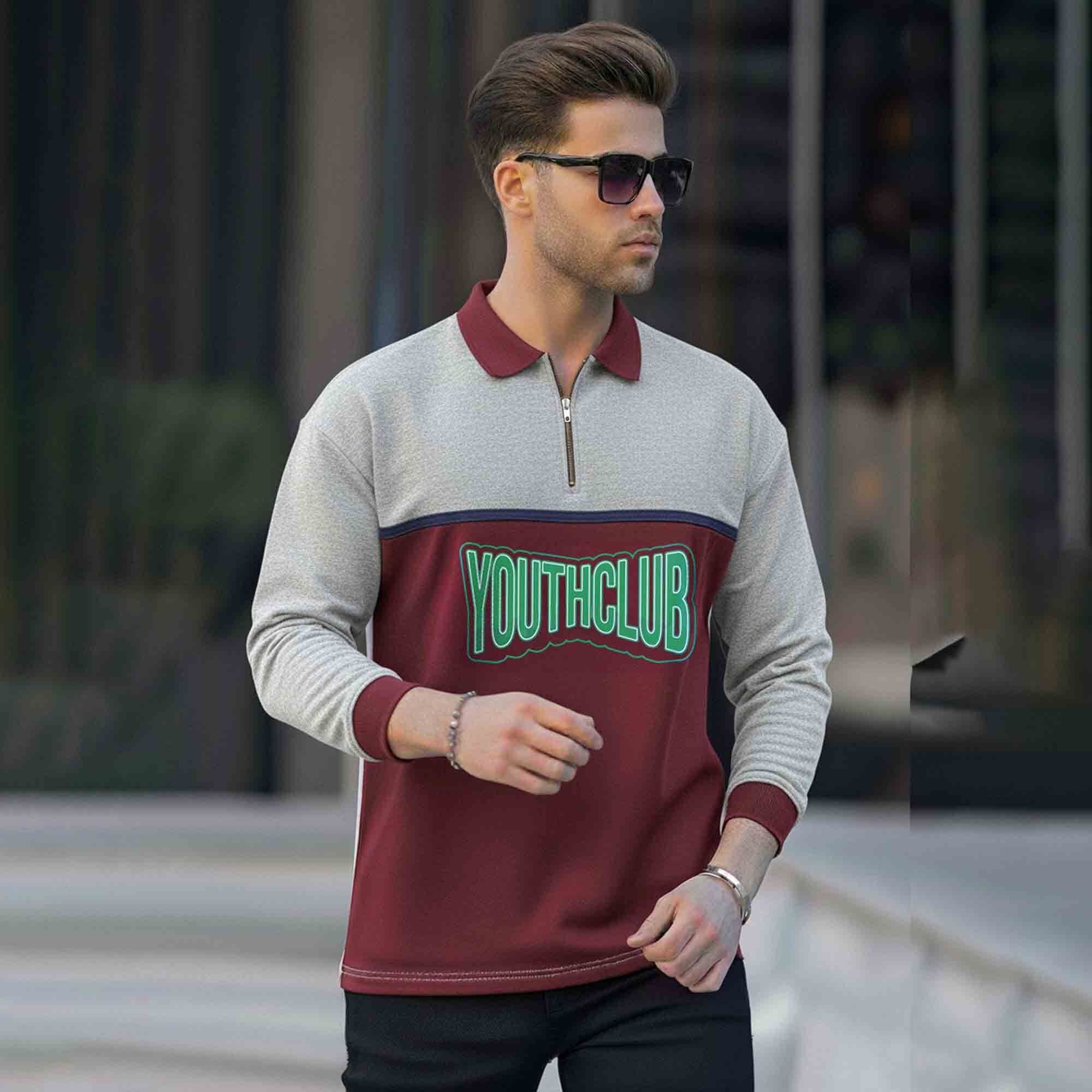 Men Colorblock Polo Neck Full Sleeve T-Shirt Grey & Maroon