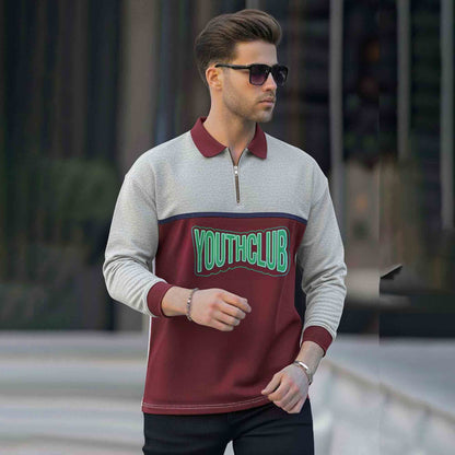 Men Colorblock Polo Neck Full Sleeve T-Shirt Grey & Maroon