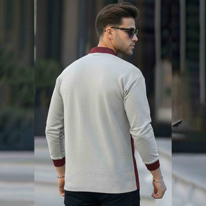 Men Colorblock Polo Neck Full Sleeve T-Shirt Grey & Maroon