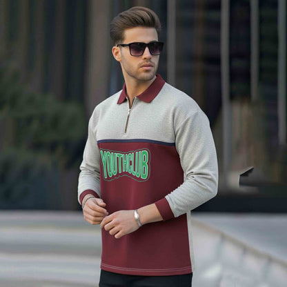 Men Colorblock Polo Neck Full Sleeve T-Shirt Grey & Maroon