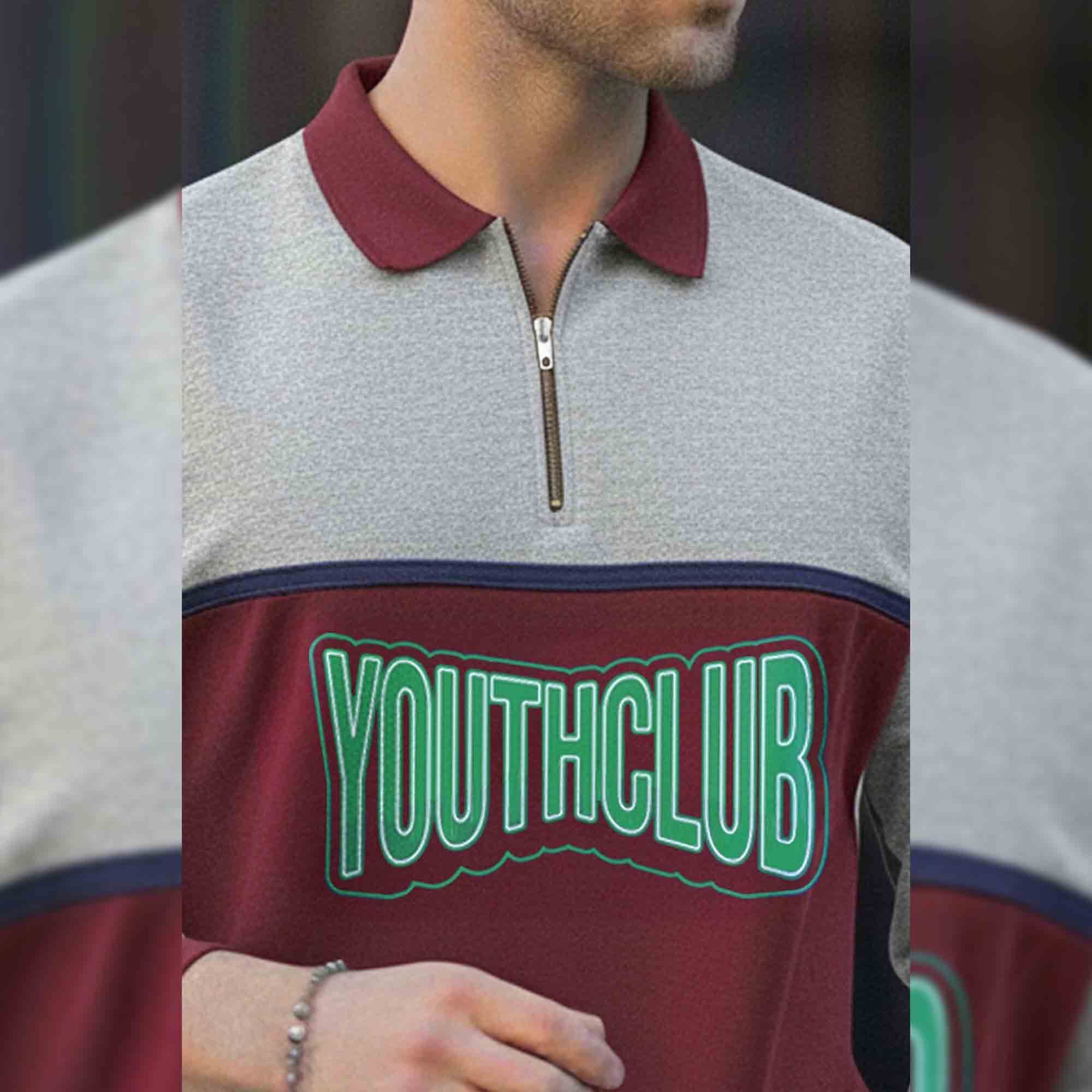 Men Colorblock Polo Neck Full Sleeve T-Shirt Grey & Maroon