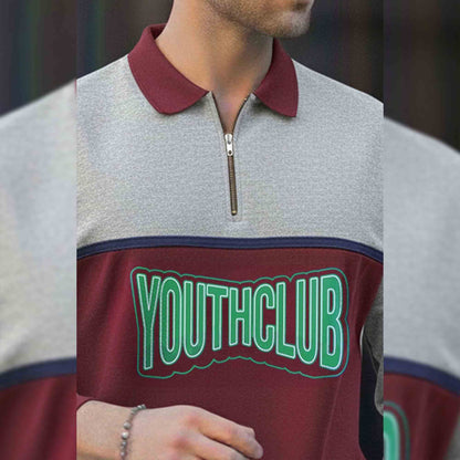 Men Colorblock Polo Neck Full Sleeve T-Shirt Grey & Maroon