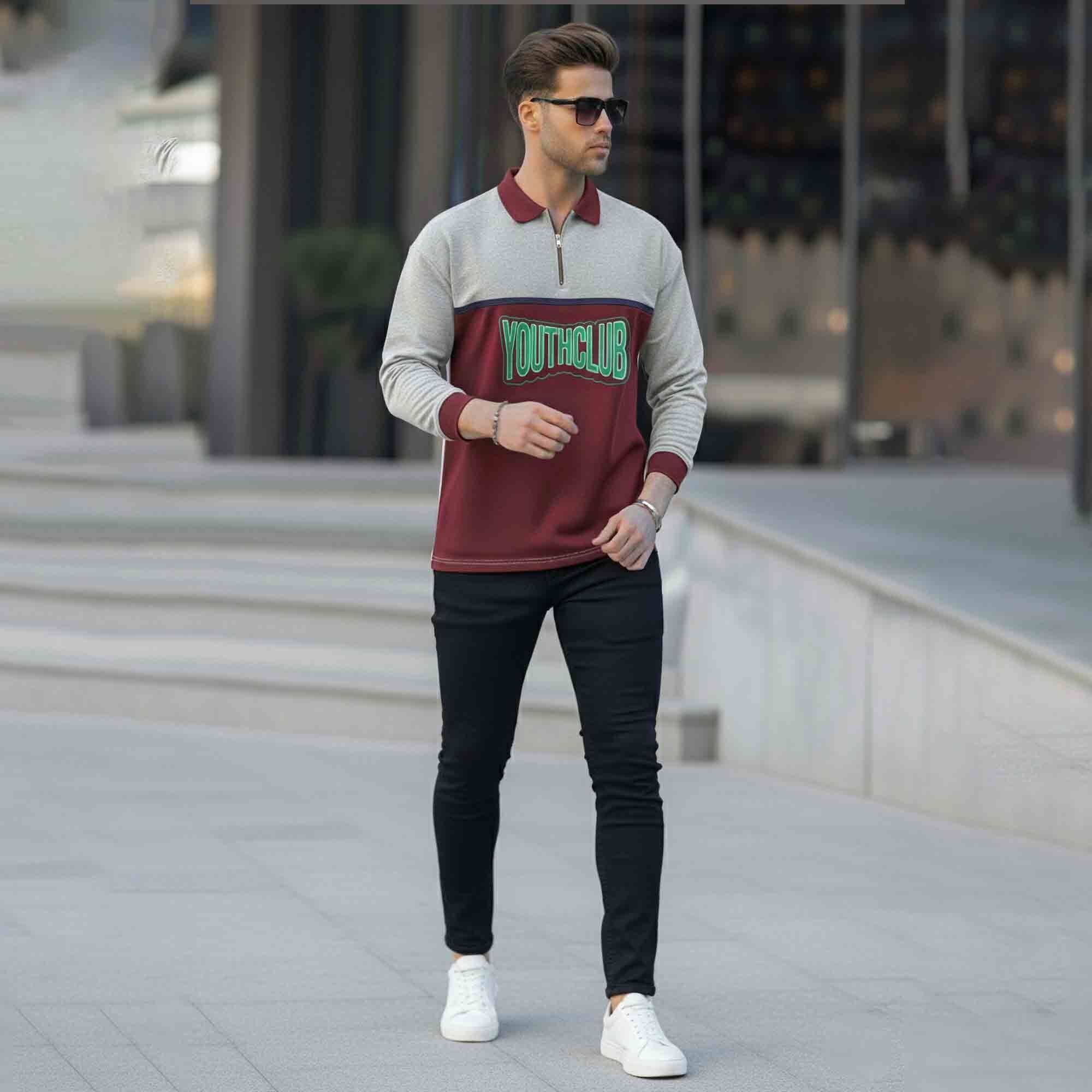 Men Colorblock Polo Neck Full Sleeve T-Shirt Grey & Maroon