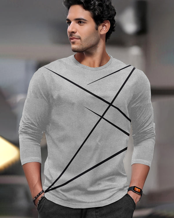 Round Neck Full Sleeve Zig Zag Printed Grey T-shirt