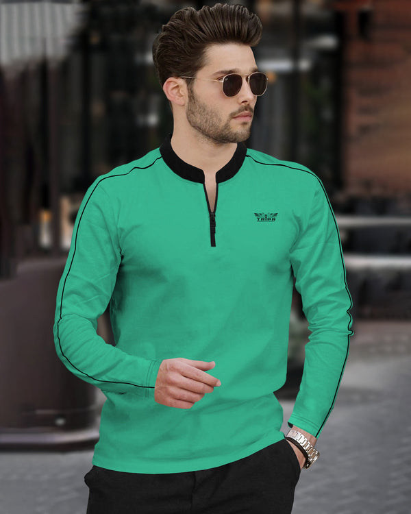 Men Mint Green Mandarin Collar Full Sleeve T-Shirt