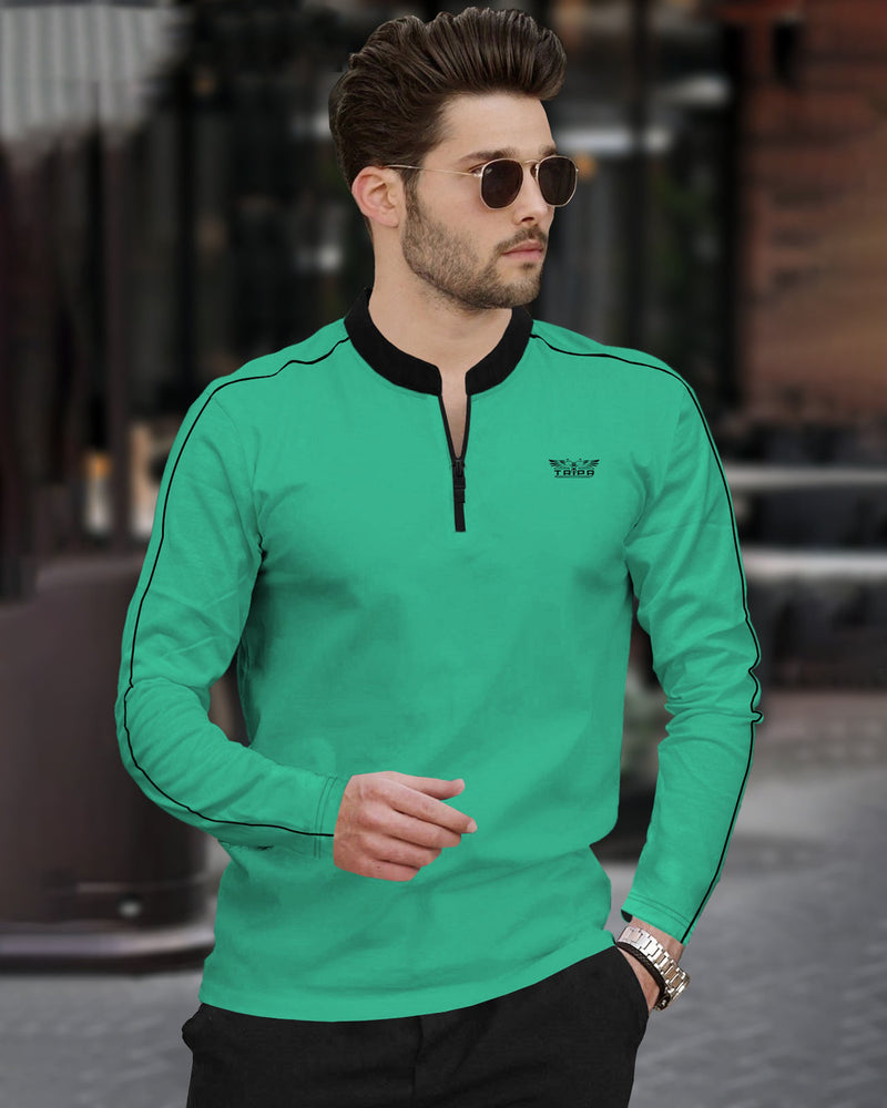 Men Mint Green Mandarin Collar Full Sleeve T-Shirt