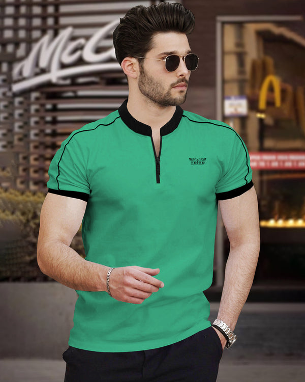 Men Solid Mandarin Collar Cotton Blend Mint Green Black T-Shirt