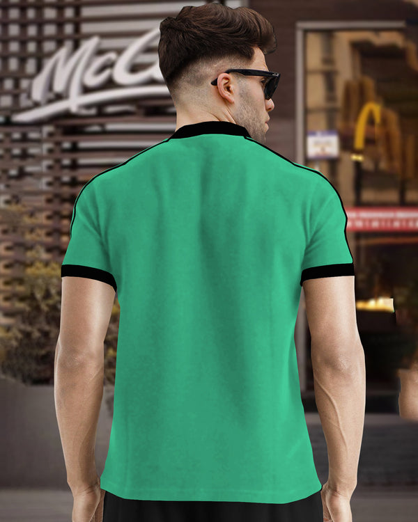 Men Solid Mandarin Collar Cotton Blend Mint Green Black T-Shirt