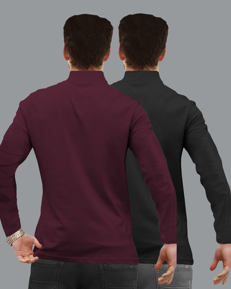 Mens High Neck Full Sleeve T-shirts (Pack Of 2) / Maroon & Black