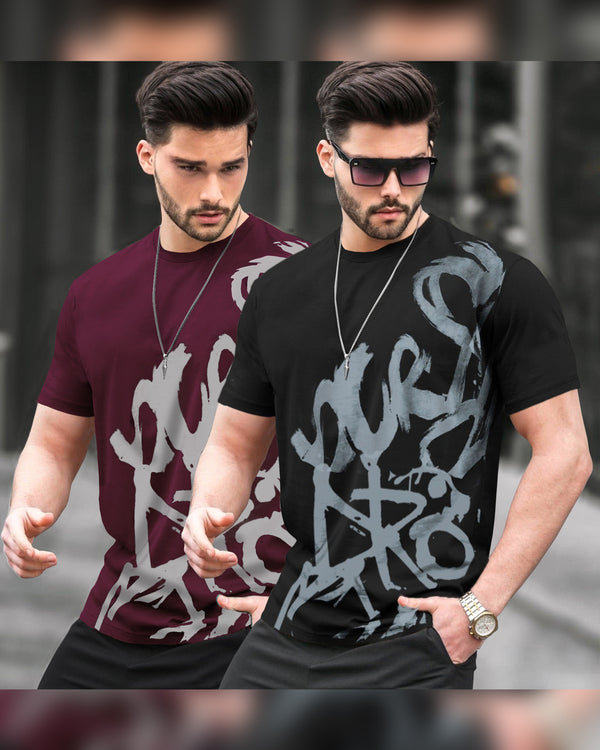 Pack of 2 Men Printed Round Neck Cotton Blend Multicolor T-Shirt