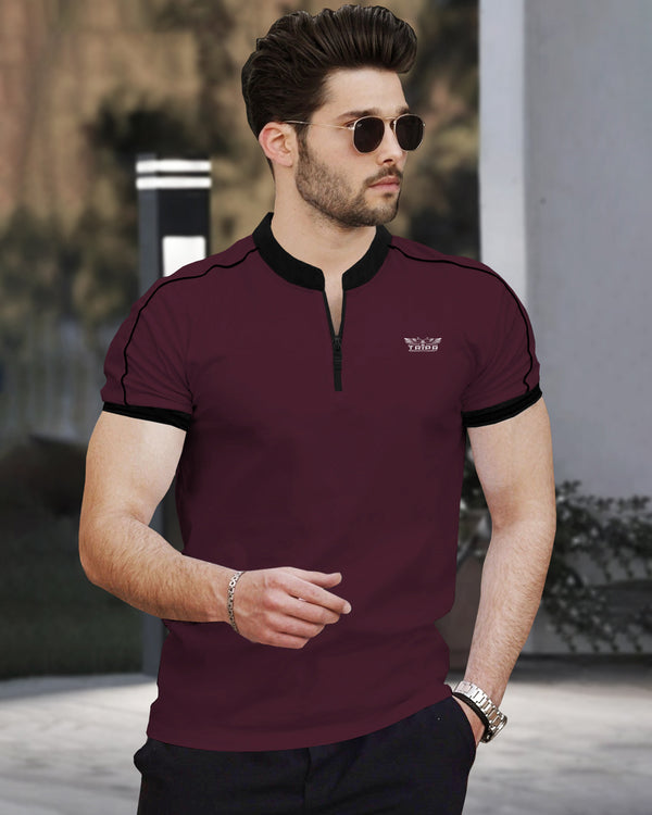 Men Maroon Zip-neck Half Sleeve Black Piping T-shirt