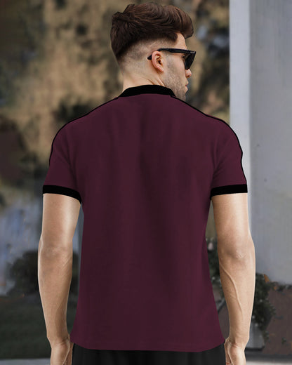 Men Maroon Mandarin Collar Zip-neck Half Sleeve Black Piping T-shirt