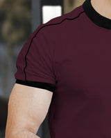 Men Maroon Mandarin Collar Zip-neck Half Sleeve Black Piping T-shirt