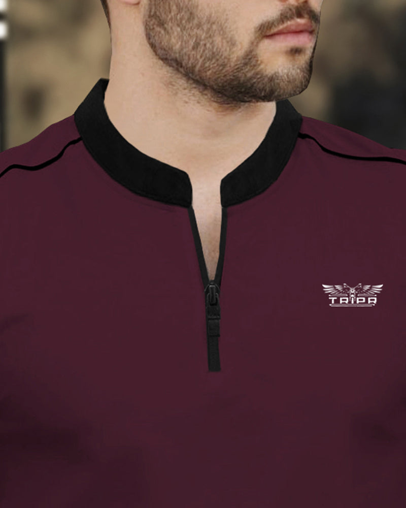 Men Maroon Mandarin Collar Zip-neck Half Sleeve Black Piping T-shirt