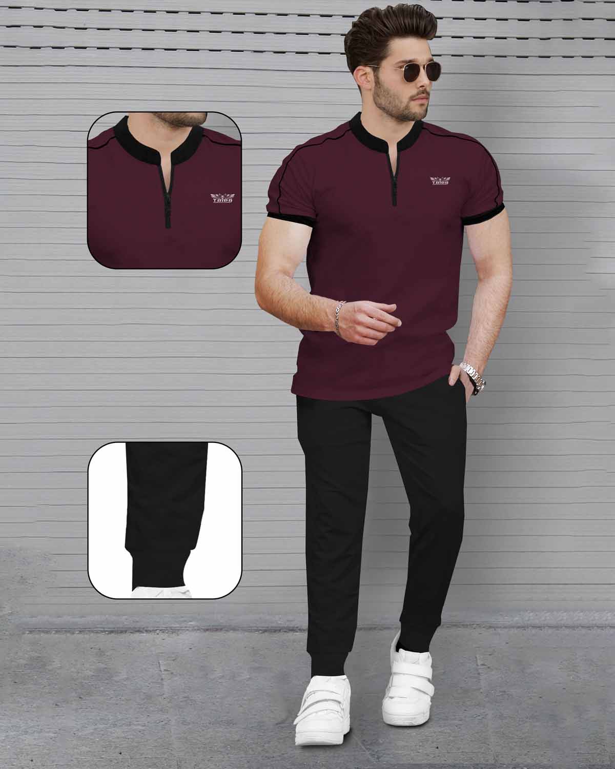 Mens Tracksuit Half Sleeve Maroon T-shirt with Black Trackpant