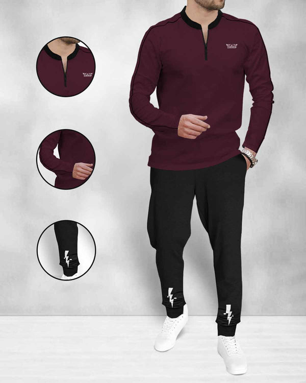 (Maroon & Black) Tracksuit | Full Sleeve Henley Neck T-shirt with Black Jogger Pant