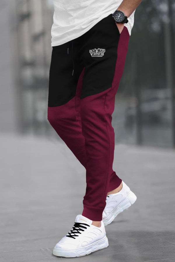 Men Colorblock Cotton Maroon-Black Jogger TrackPant