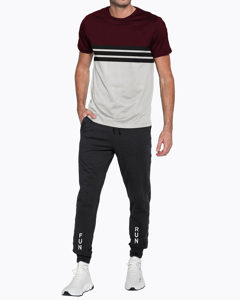 Mens Tracksuit - Colorblock Half Sleeve Maroon t-shirt / Charcoal Black Printed Trackpant