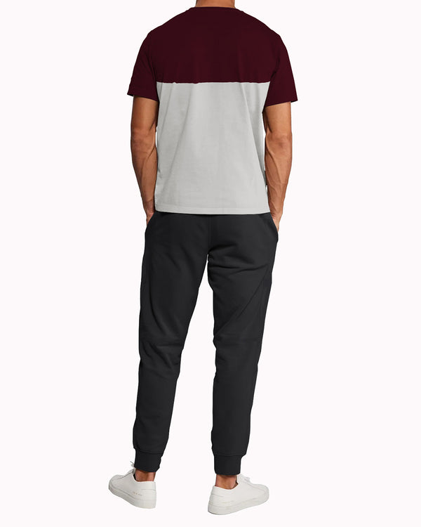 Mens Tracksuit - Colorblock Half Sleeve Maroon t-shirt / Charcoal Black Printed Trackpant