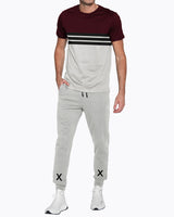 Mens Tracksuit - Colorblock Half Sleeve Maroon t-shirt / Grey Printed Trackpant