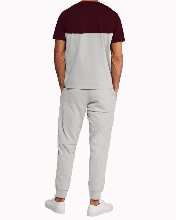 Mens Tracksuit - Colorblock Half Sleeve Maroon t-shirt / Grey Printed Trackpant