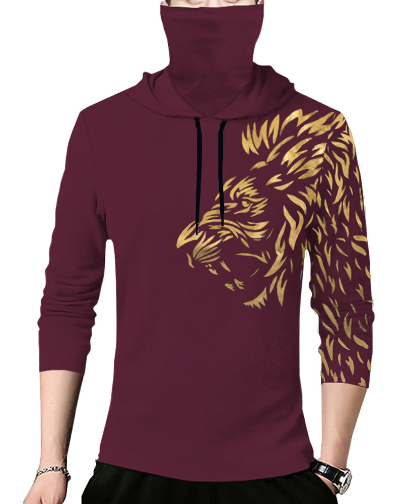 Men Printed Hooded Neck Cotton Blend Maroon T-Shirt