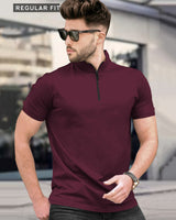 Men High Neck Plain Half Sleeve T-shirt / Maroon