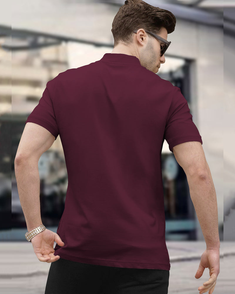 Men High Neck Plain Half Sleeve T-shirt / Maroon