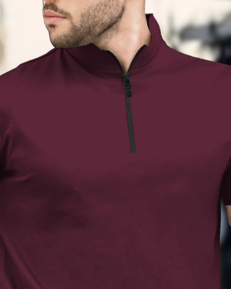 Men High Neck Plain Half Sleeve T-shirt / Maroon