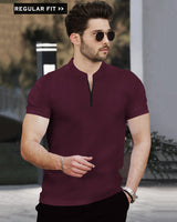 Half Sleeve Henley Neck Zip Type Plain T-shirt / Maroon