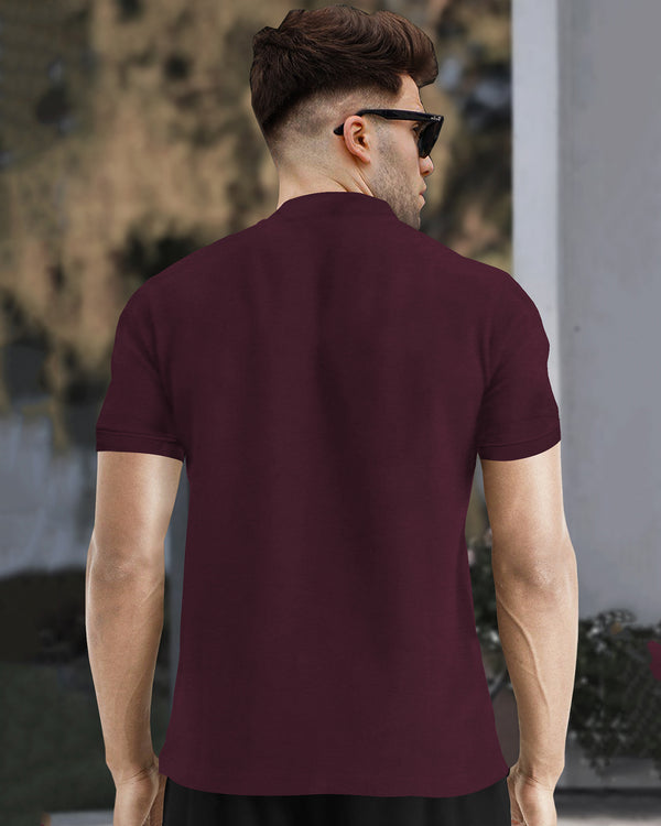 Half Sleeve Henley Neck Zip Type Plain T-shirt / Maroon