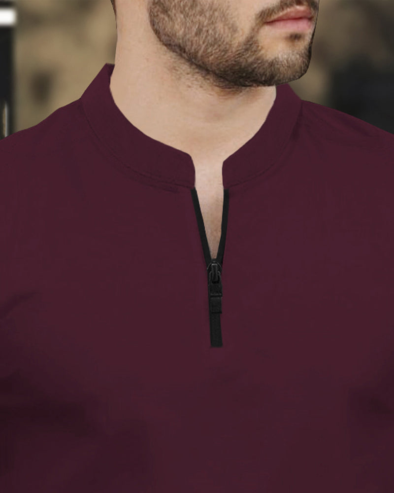 Half Sleeve Henley Neck Zip Type Plain T-shirt / Maroon