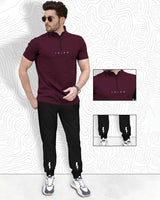 Mens tracksuit - High Neck MAROON Tshirt with BLACK Jogger