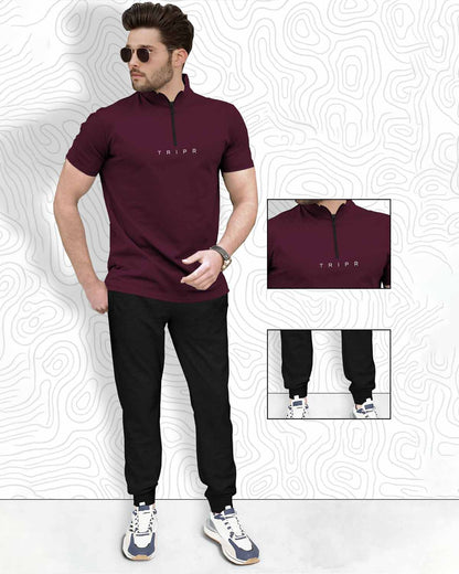 Mens tracksuit - High Neck MAROON Tshirt & BLACK Jogger Pant