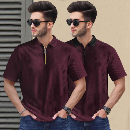 (Pack Of 2) Polo Waffle Maroon & Black Textured T-shirts