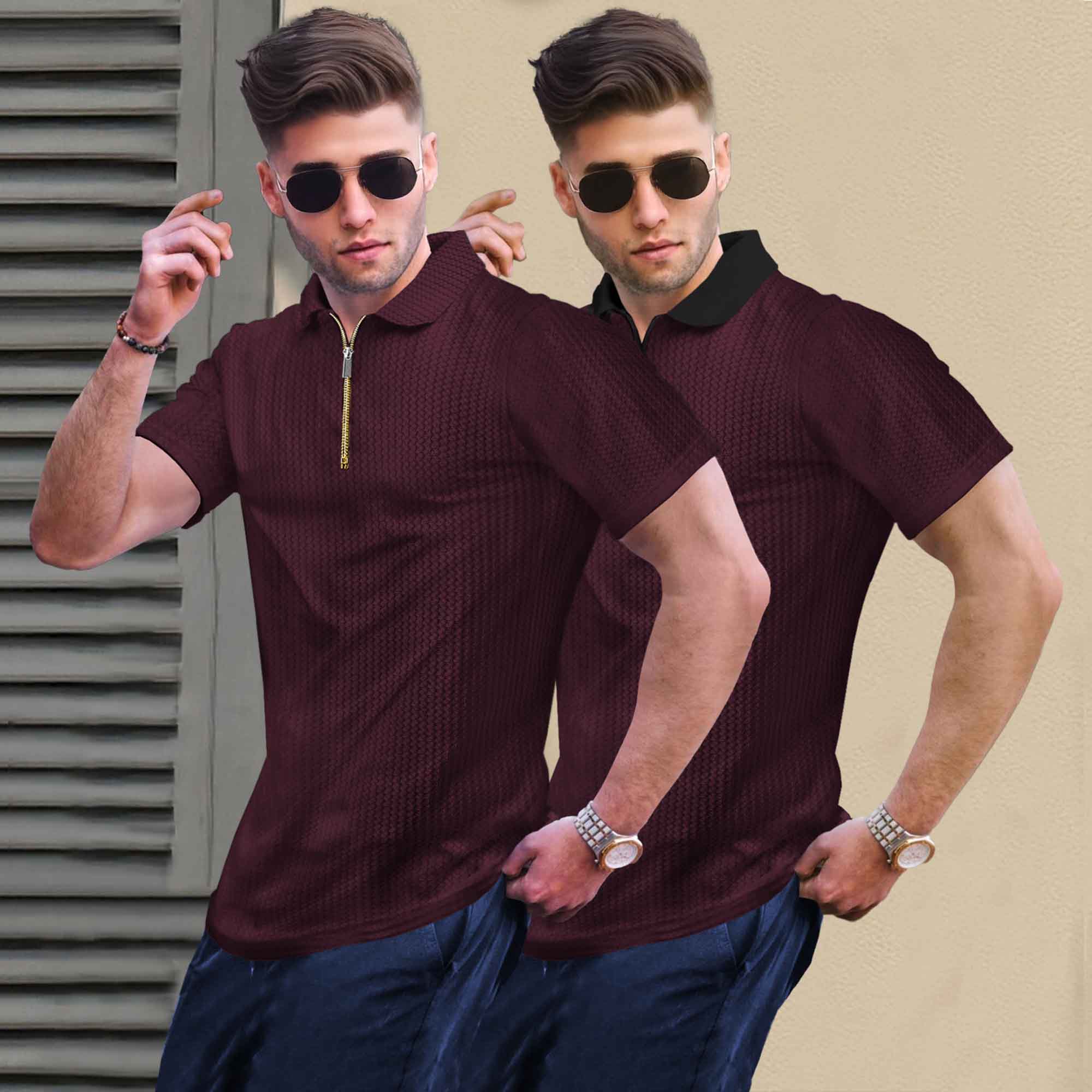 (Pack Of 2) Polo Waffle Maroon & Black Textured T-shirts