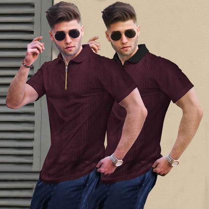 (Pack Of 2) Polo Waffle Maroon & Black Textured T-shirts