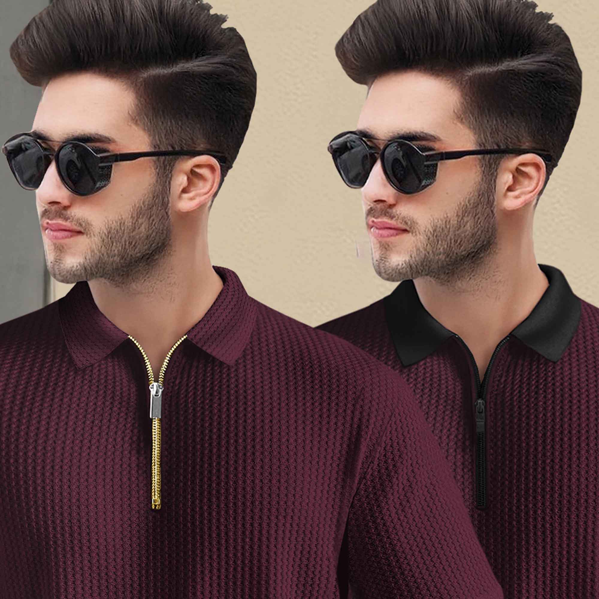 (Pack Of 2) Polo Waffle Maroon & Black Textured T-shirts