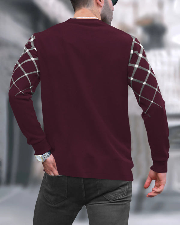 Men Printed Round Neck Cotton Blend Maroon Full Sleeve T-Shirt